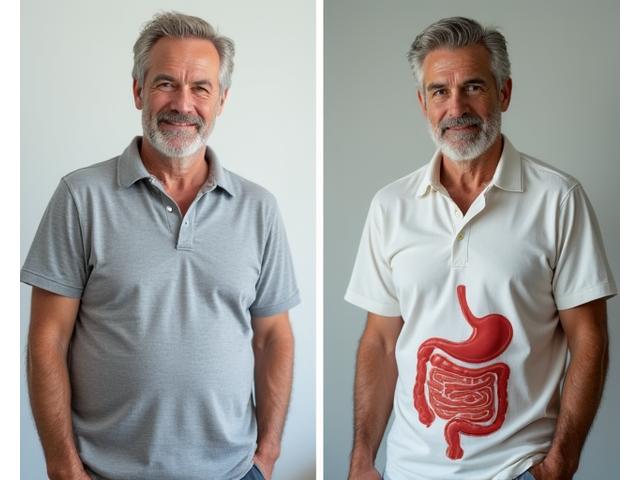 Before and after photos of Mark T., illustrating improved digestive health and overall vitality thanks to his customized Veritix Bloom nutrition plan.