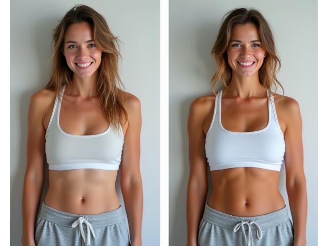 Before and after photos of Sarah P., showing a noticeable increase in energy and a healthier appearance after following her Veritix Bloom nutrition plan.